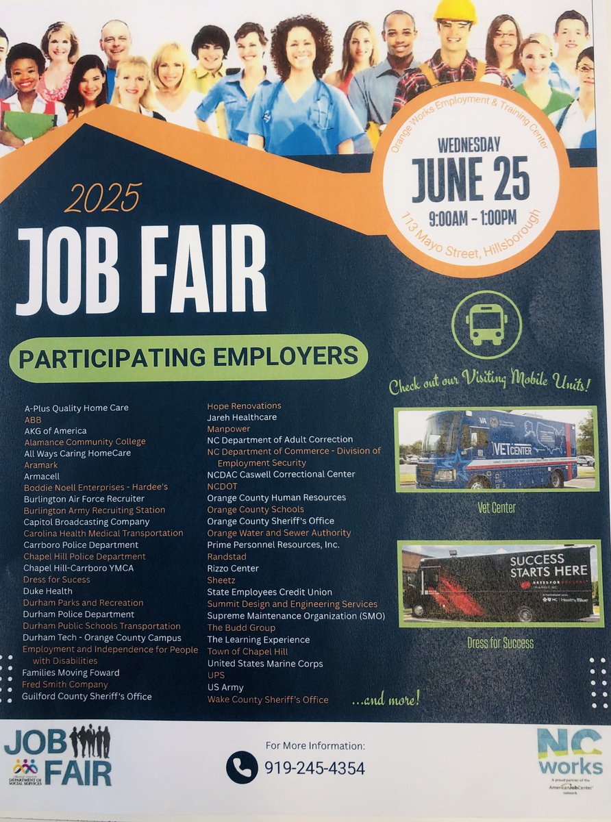 NC Division of Employment Security (@ncdes) on Twitter photo Esperamos que nos acompañen en la próxima Feria de Empleo con <a href="/NCWorks_OC/">NC Works-Orange Co.</a>. DES compartirá información sobre los beneficios y recursos de desempleo.
🗓️Fecha: miércoles, 25 de junio de 2025
⏲️Hora: 9:00 AM - 1:00 PM
📍Ubicación: 113 Mayo St. Hillsborough, NC 27278 Esperamos que nos acompañen en la próxima Feria de Empleo con <a href="/NCWorks_OC/">NC Works-Orange Co.</a>. DES compartirá información sobre los beneficios y recursos de desempleo.
🗓️Fecha: miércoles, 25 de junio de 2025
⏲️Hora: 9:00 AM - 1:00 PM
📍Ubicación: 113 Mayo St. Hillsborough, NC 27278