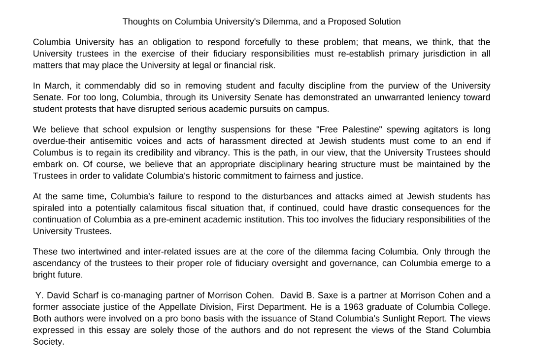 Elisha (Lishi) Baker (@lishibaker) on Twitter photo Strong article by the chairman of Morrison Cohen Y. David Scharf and former NY Court of Appeals Judge Hon. David B. Saxe (ret.) on governance issues <a href="/Columbia/">Columbia University</a> - they are right to call out the University Senate's refusal to issue discipline as hugely responsible for this mess. Strong article by the chairman of Morrison Cohen Y. David Scharf and former NY Court of Appeals Judge Hon. David B. Saxe (ret.) on governance issues <a href="/Columbia/">Columbia University</a> - they are right to call out the University Senate's refusal to issue discipline as hugely responsible for this mess.