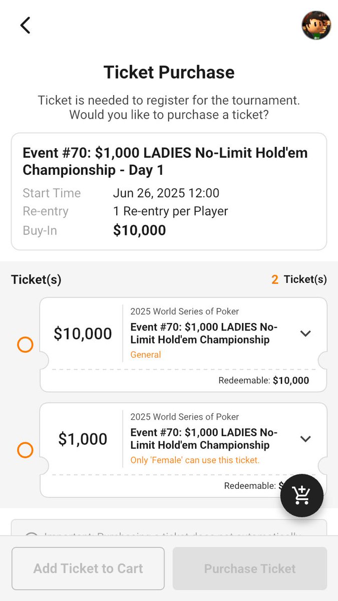 Ironically had this chat with a guy at my <a href="/WSOP/">WSOP - World Series of Poker</a> table a few days ago.

He made it all the way to the Payment window on WSOP+ of the actual Ladies event (not the Satty) WHILE clicking the $1k option.  (He clicked out.) 

When is he forced to pay an additional $9k, if ever? 🤔