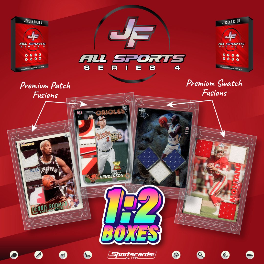 Sportscardscom_'s tweet image. Jersey Fusion All Sports 4 - every other pack on average is a PREMIUM FUSION! Each sequentially numbered! Available now Scheels, Dave &amp;amp; Adam's , Best Buy and fine card stores! 

#JerseyFusion
#PROFusion
#GameUsed