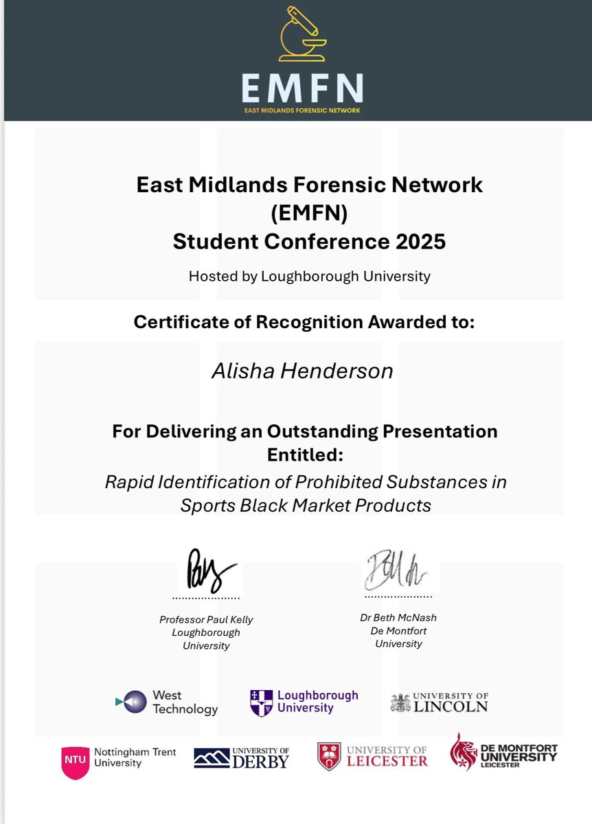 Really enjoyed presenting at the East Midlands Forensic Network student conference! It was great to see the latest student research across the network. I was also grateful to receive the award for best presentation, which ended the day nicely! Thank you EMFN! 

#MassSportrometry