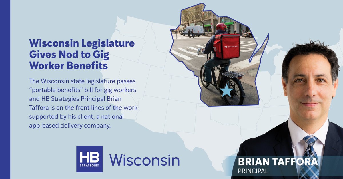H_B_Strategies's tweet image. Earlier this week the Wisconsin state legislature passed a “portable benefits” bill for gig workers and HB Strategies Principal Brian Taffora is on the front lines of the work supporting his client, a national app-based delivery company. The bill now awaits consideration by…