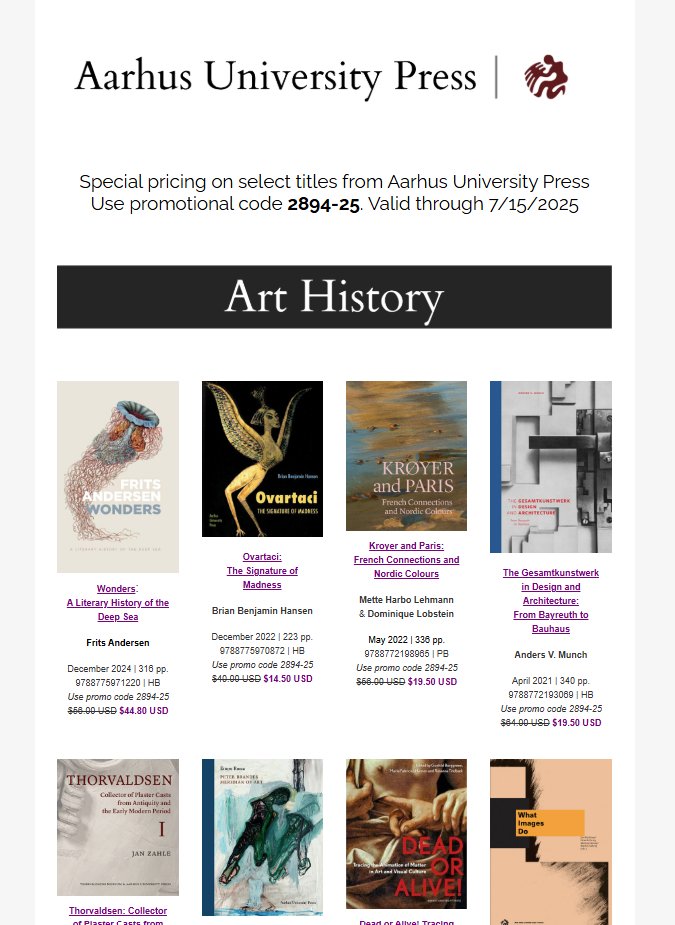 isdistribution's tweet image. Special pricing on select titles from Aarhus University Press. Use promotional code 2894-25 - Valid through 7/15/2025: tinyurl.com/5n93haxd
Titles include selections in #arthistory, #classicalstudies, #mediterraneanarchaeology, #medievalstudies, and #music.
@AarhusUni_int