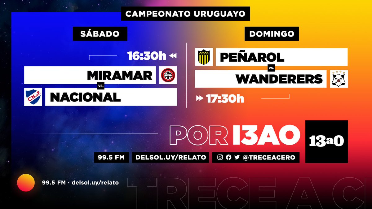 ⚽ Fin de semana en <a href="/treceacero/">⚽️ 13a0</a> 
 
  📲 delsol.uy/relato
📻 99.5 FM