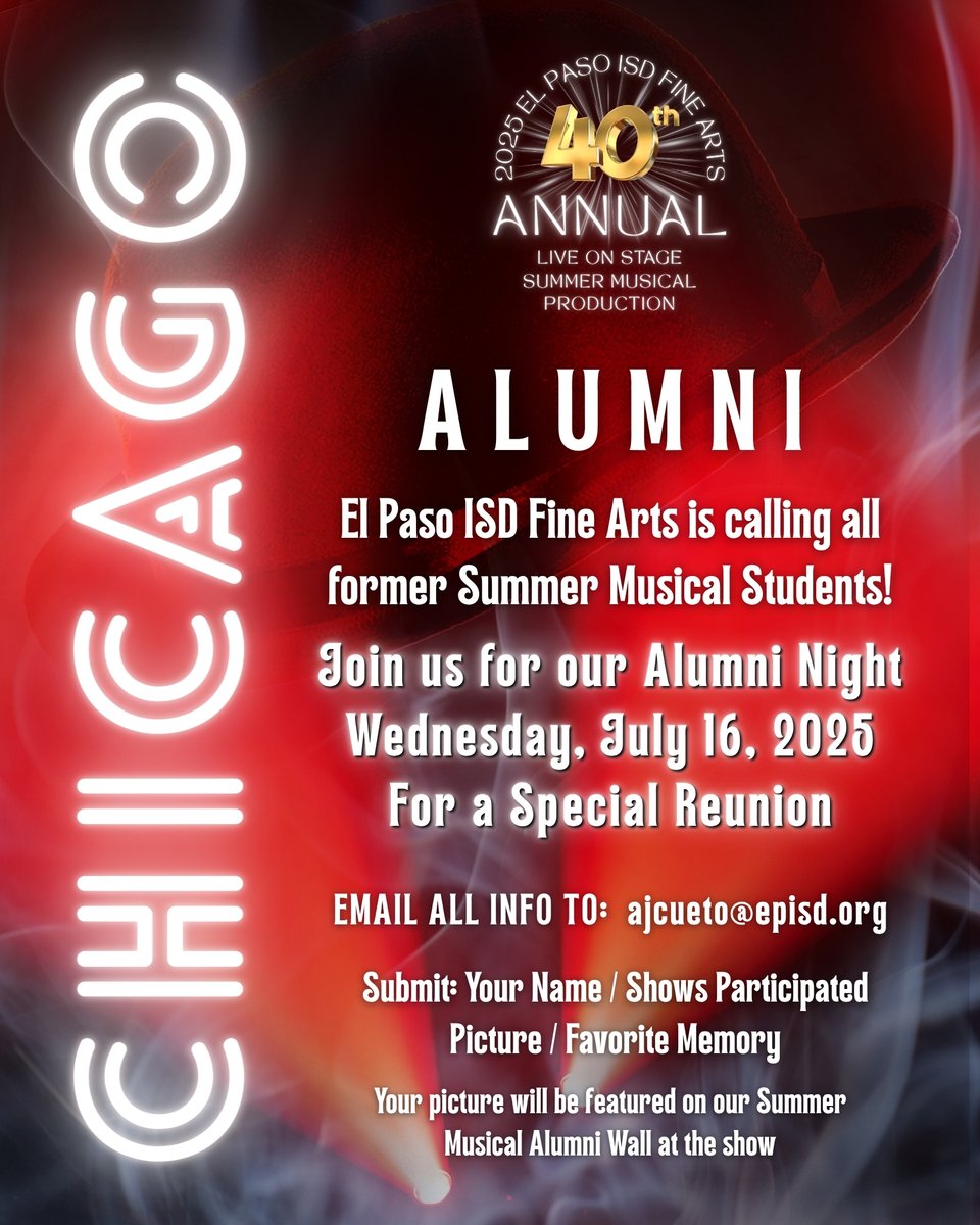 EL Paso ISD Fine Arts (@episd_finearts) on Twitter photo Attention all EPISD Summer Musical Alumni! Join us for our Alumni Night, Wednesday, July 16th, 2025 for a special reunion recognition! We look forward to seeing you! <a href="/ELPASO_ISD/">El Paso ISD</a> Attention all EPISD Summer Musical Alumni! Join us for our Alumni Night, Wednesday, July 16th, 2025 for a special reunion recognition! We look forward to seeing you! <a href="/ELPASO_ISD/">El Paso ISD</a>