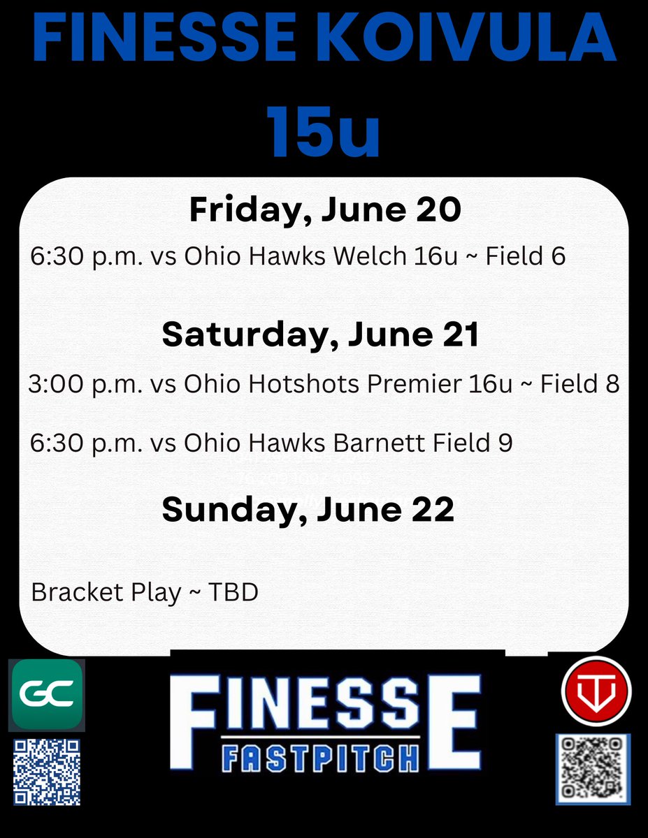 Finesse 15u Koivula (@finessekoivula) on Twitter photo ☠️Outlaws Summer Schedule Update ☠️
Thank you <a href="/d1fastpitch1/">D1 Fastpitch</a> for all your hard work and helping to get these girls on the field! ☠️Outlaws Summer Schedule Update ☠️
Thank you <a href="/d1fastpitch1/">D1 Fastpitch</a> for all your hard work and helping to get these girls on the field!