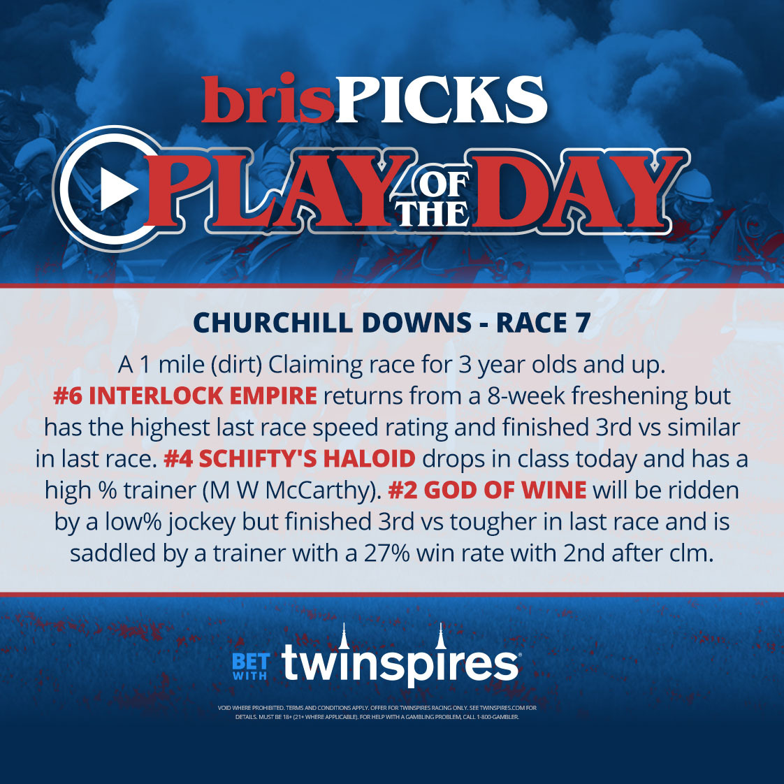 Brisnet.com (@brisnet) on Twitter photo Today's brisPICKS play of the day at <a href="/ChurchillDowns/">Churchill Downs</a>! π
Watch & wager with <a href="/TwinSpires/">TwinSpires Racing π</a>: spr.ly/60164XO3O Today's brisPICKS play of the day at <a href="/ChurchillDowns/">Churchill Downs</a>! π
Watch & wager with <a href="/TwinSpires/">TwinSpires Racing π</a>: spr.ly/60164XO3O