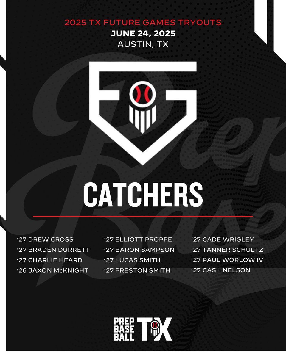 𝕋𝕏 𝔽𝕦𝕥𝕦𝕣𝕖 𝔾𝕒𝕞𝕖𝕤 𝕋𝕣𝕪𝕠𝕦𝕥𝕤: Catchers

The TX Future Games Tryouts are coming up on Tuesday, June 24th in Austin. @shooterhunt will be in attendance as the top 2027's from across the state, compete for a spot on one of the TX Future Games Teams. 

 <a href="/prepbaseball/">Prep Baseball</a> |