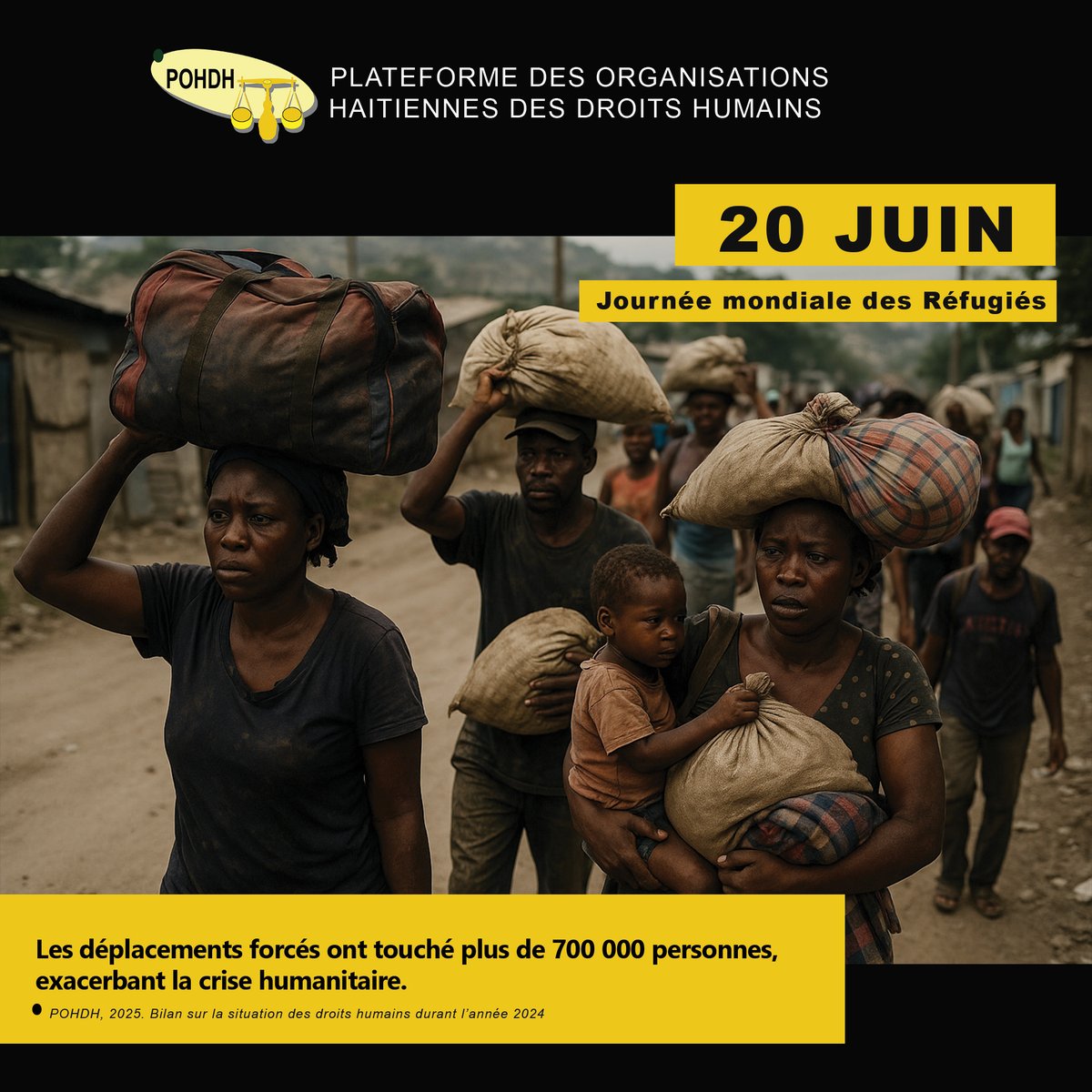 Nous sommes réfugiés dans notre propre pays.
Le territoire national n’est plus un abri sûr.
Fuir les gangs, abandonner les maisons, vivre dans la peur : voilà le quotidien de milliers d’haïtiennes et d’haïtiens.
#pohdh #DroitsHumains #refugies