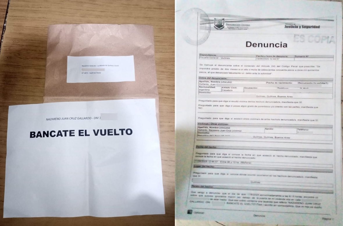 En Quilmes, la intendente Mayra Mendoza anda apretando periodistas independientes con sobres papel madera y su nombre con DNI en la puerta 👀💀✌️