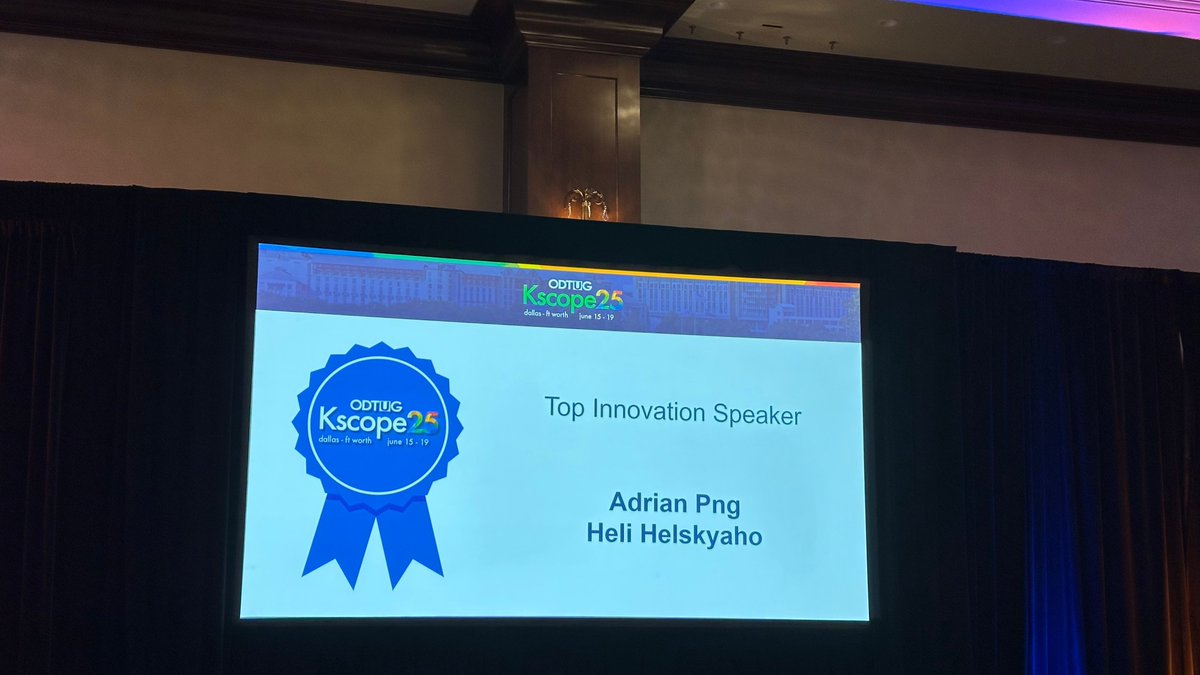 TalanOracleTech's tweet image. We’re proud to share that one of our own, @fuzziebrain, was recognized as a Top Innovation Speaker at #Kscope25 with @HeliFromFinland!
Their session wowed the crowd, and we’re thrilled to see their work celebrated by the Oracle community.
Congrats, Adrian and Heli!
