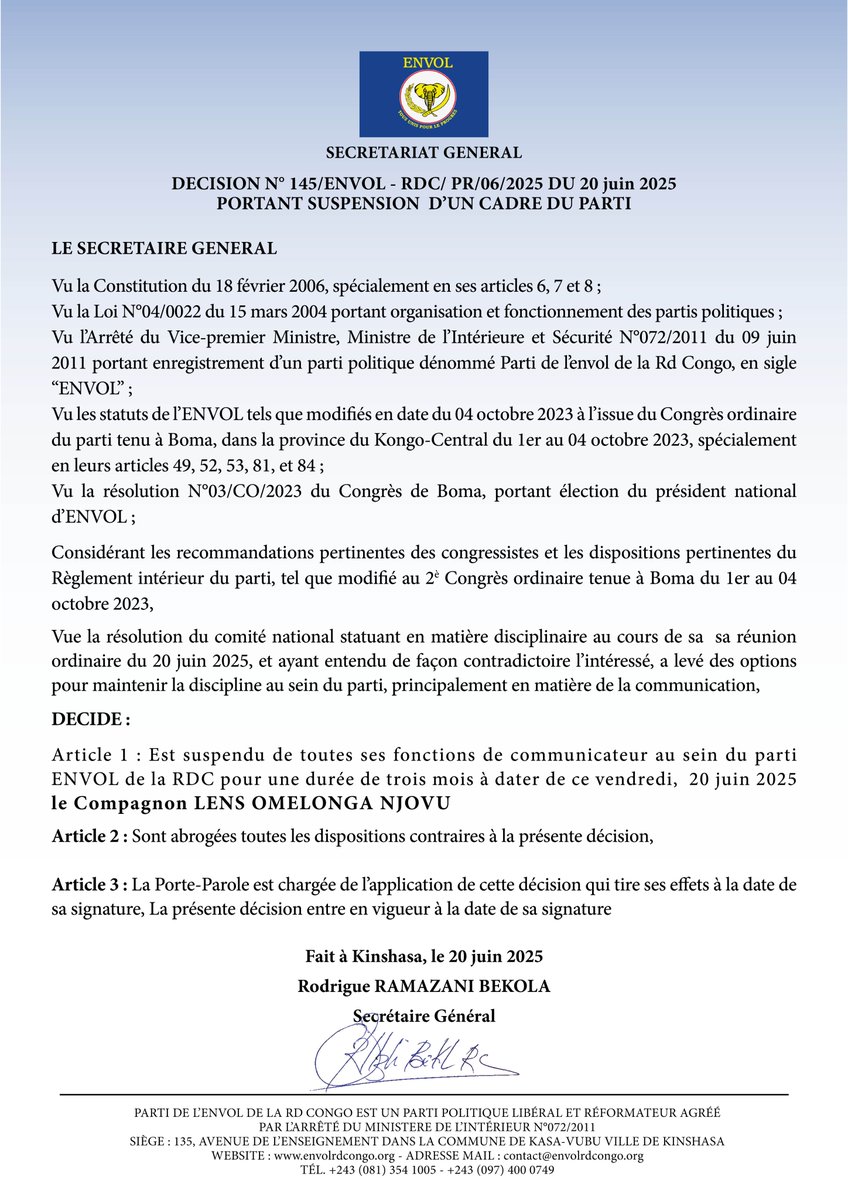 ENVOL RD CONGO (@envol_rd_congo) on Twitter photo DECISION N° 145/ENVOL - RDC/ PR/06/2025 DU 20 juin 2025, PORTANT SUSPENSION DU COMPAGNON LENS OMELONGA NJOVU <a href="/OMELONGA_LENS1/">LEN'S OMELONGA.MD</a> DECISION N° 145/ENVOL - RDC/ PR/06/2025 DU 20 juin 2025, PORTANT SUSPENSION DU COMPAGNON LENS OMELONGA NJOVU <a href="/OMELONGA_LENS1/">LEN'S OMELONGA.MD</a>