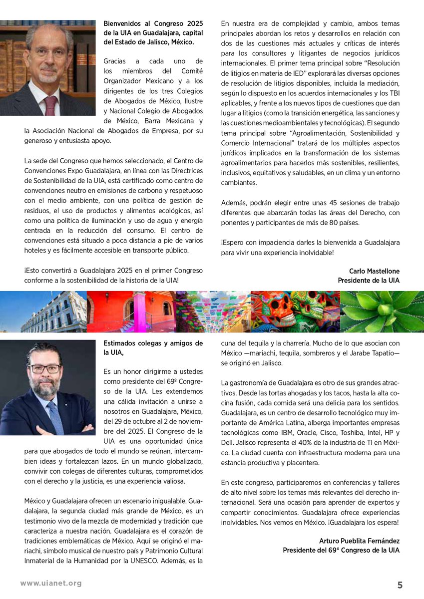 Les extendemos una cordial invitación al 69° Congreso de la Unión Internacional de Abogados (UIA), que se celebrará del 29 de octubre al 2 de noviembre de 2025, en Expo Guadalajara.

¡Nos vemos en Guadalajara!
Inscripciones abiertas: uianet.org/es/eventos/69d…