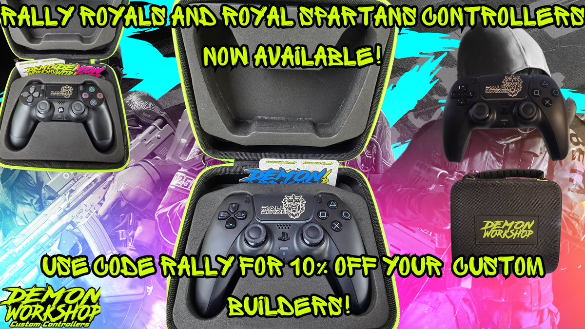 Rally Esports (@rally_esports) on Twitter photo Get your custom Rally Royals and Royal Spartans controllers now in a variety of colors and grips from <a href="/DemonWorkshop/">DemonWorkshop</a> use code Rally to save 10% at check out! Get one of these and let your inner demons take control! Get your custom Rally Royals and Royal Spartans controllers now in a variety of colors and grips from <a href="/DemonWorkshop/">DemonWorkshop</a> use code Rally to save 10% at check out! Get one of these and let your inner demons take control!
