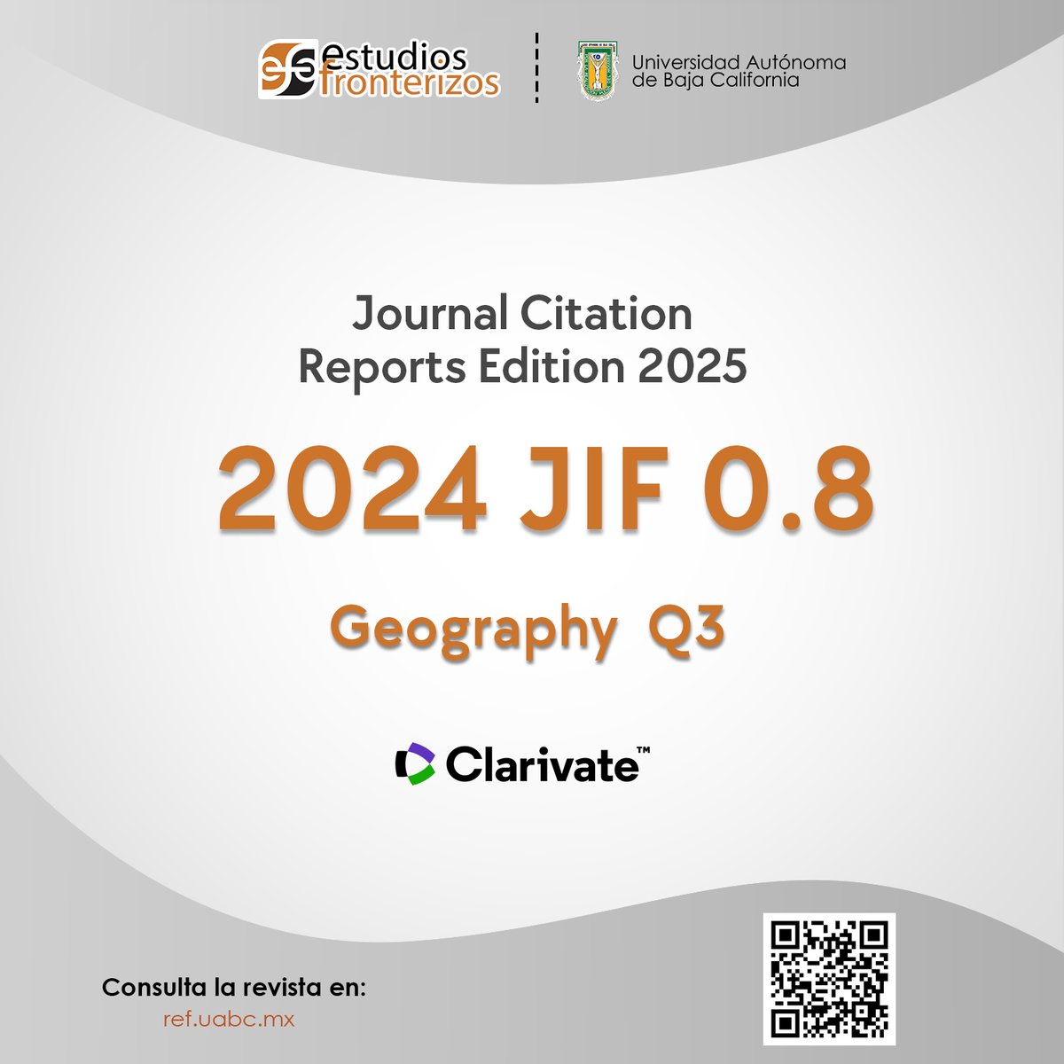 Recientemente se publicó el Journal Citation Report (#JCR) 2025, en esta emisión Estudios Fronterizos se mantiene como revista clasificada Q3 en el área de geografía. Les invitamos a consultar la revista en ref.uabc.mx