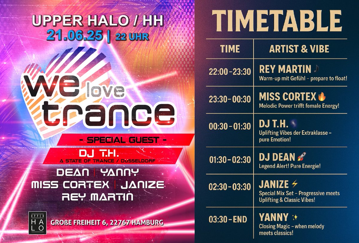 DJ T.H. (@dj_t_h) on Twitter photo Tomorrow! Catch me in Hamburg in the Upper Halo Club at the Kiez/Reeperbahn We Love Trance from 00:30 - 01:30 alongside <a href="/djdean1/">djdean</a>, <a href="/MissCortex/">Miss Cortex</a>, Yanny, <a href="/JamDaBass/">Jam da Bass</a> and Rey Martin! Tomorrow! Catch me in Hamburg in the Upper Halo Club at the Kiez/Reeperbahn We Love Trance from 00:30 - 01:30 alongside <a href="/djdean1/">djdean</a>, <a href="/MissCortex/">Miss Cortex</a>, Yanny, <a href="/JamDaBass/">Jam da Bass</a> and Rey Martin!