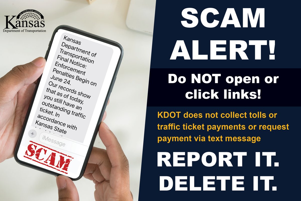KDOTHQ's tweet image. SCAM ALERT!
If you receive a text message like the graphic, DO NOT CLICK THE LINK! This isn't a valid KDOT website. KDOT does not collect tolls or traffic ticket payments and will not send unsolicited texts.
Report scam here: ic3.gov or reportfraud.ftc.gov