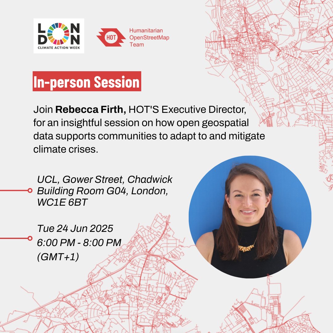 Humanitarian OpenStreetMap Team (@hotosm) on Twitter photo Join HOT at LCAW2025!
Take part in a mapathon with Sam Colchester to create open data that helps communities fight climate change. Hear Rebecca Firth on mapping & resilience.
๐
 June 24 | 6โ8 PM | UCL G04
Bring a laptop!
Save your spot: bit.ly/43EFA6S 
#LCAW2025 Join HOT at LCAW2025!
Take part in a mapathon with Sam Colchester to create open data that helps communities fight climate change. Hear Rebecca Firth on mapping & resilience.
๐
 June 24 | 6โ8 PM | UCL G04
Bring a laptop!
Save your spot: bit.ly/43EFA6S 
#LCAW2025