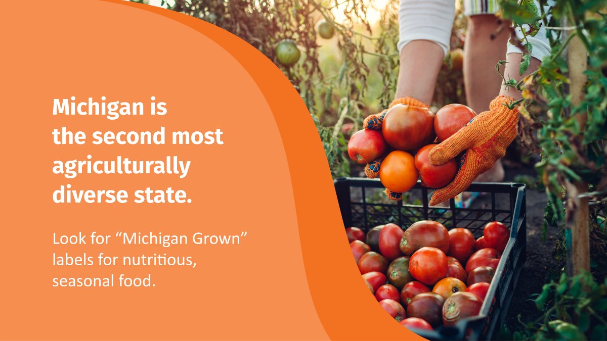 Michigan is the second most agriculturally diverse state. The growing season is here—look for “Michigan Grown” labels. Fresh, local food isn’t just tasty, it’s good for your health. #MichiganGrown #SupportLocal #EatHealthy