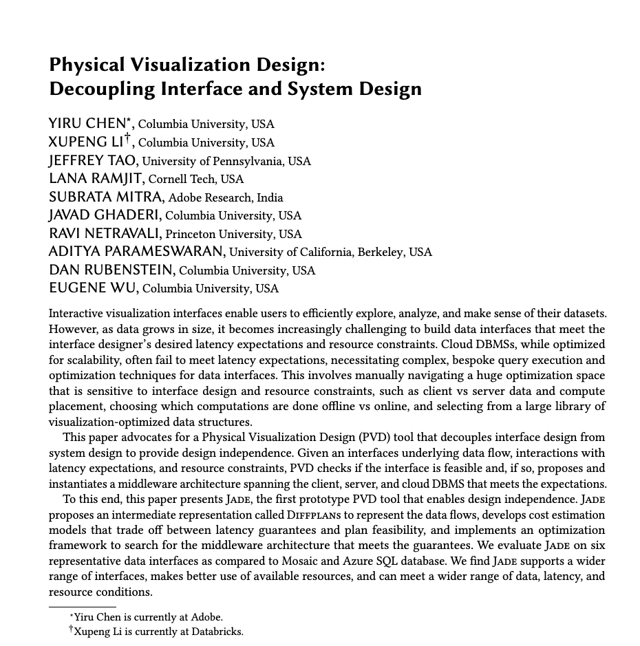 Yiru__Chen's tweet photo. 👲 Designer: I got an interactive viz interface—brushing, sliders, clicks, etc. I want brushing &amp; sliding to respond in 20ms. Clicks? Just “ok” fast. 
⁉️How?
🌟Our @SIGMODConfpaper shows how Physical Visualization Design auto-generates the system backend for you! 
#SIGMOD2025 https://t.co/JBTri3iVvR