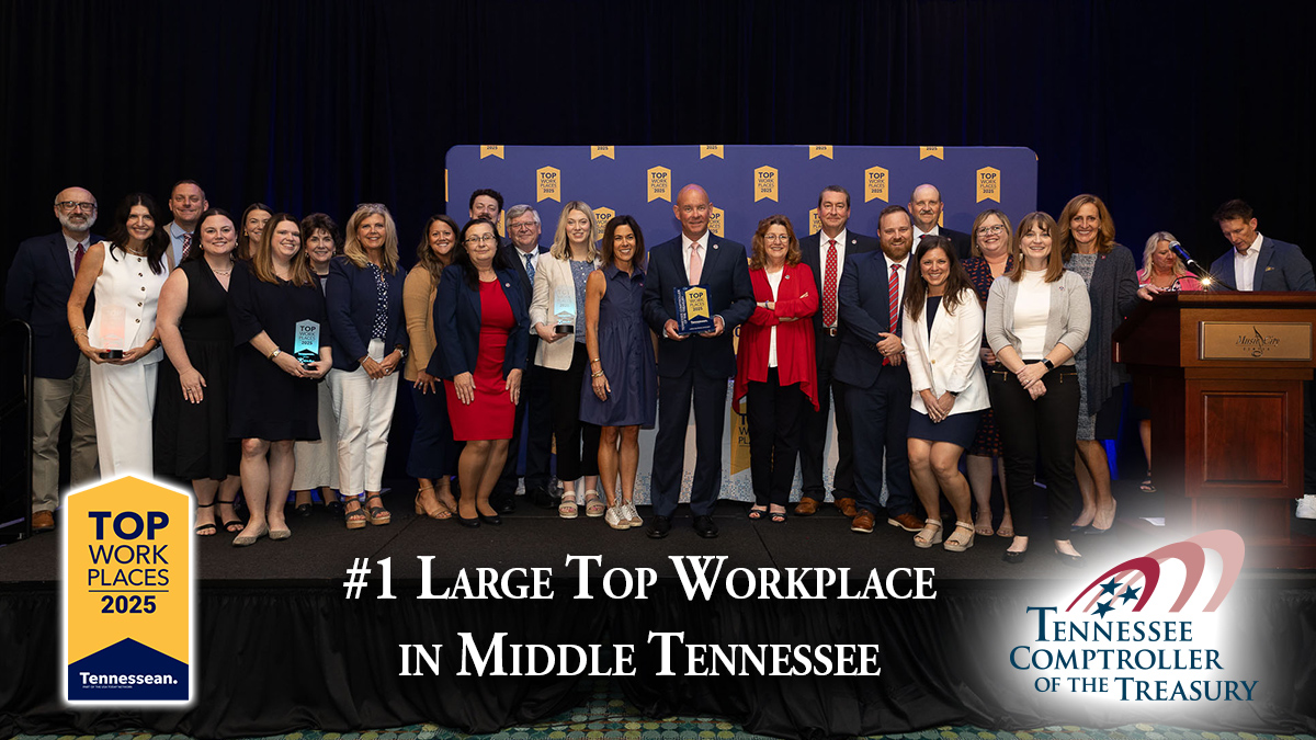 TNCOT's tweet image. For the 2nd year in a row, our Office has been named the #1 Large #TopWorkplace in Middle Tennessee. Our team loves working together to make government work better! Read more: tennessean.com/story/money/20…