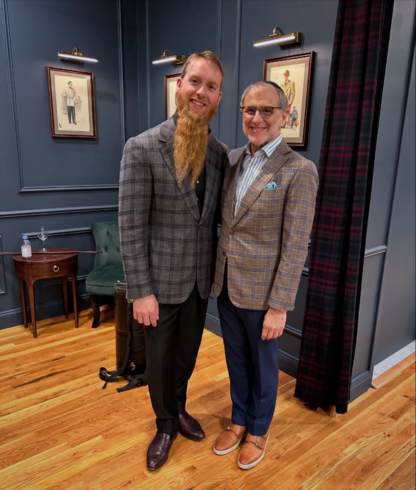 A great shot with the Dr at a recent event at our atelier. Both of our jackets with no front darts.
