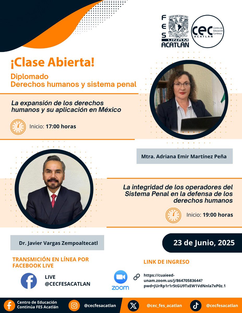 Agradezco al <a href="/CEC_FES_ACATLAN/">Centro de Educación Continua FES Acatlán</a> la oportunidad de participar en el Diplomado Derechos Humanos y Sistema Penal.
Nos vemos próximo lunes 23 de junio a las 19:00 hrs.
LIVE FB @CECFESACATLAN