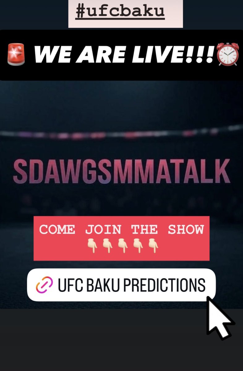 SDAWGSMMATALK (@sdawgsmmatalk) on Twitter photo ⏰ WE ARE LIIIIIIIVE!!!!!!!! ⏰
Come join the show and make some predictions with me and the boys for this weekends UFC BAKU!!!!!💯🔥
<a href="/MMAnomaly/">Olin aka MMAnomaly👊</a> <a href="/headkickpod/">Kick Em In The Head MMA</a> <a href="/CrossoverMMA/">Crossover MMA</a> <a href="/McDainMMA/">Jordain 🏴</a> <a href="/walk_mma/">Making the Walk MMA</a> <a href="/TFWS_Official/">Fight Week Show</a>
👇🏻👇🏻👇🏻 COME JOIN👇🏻👇🏻👇🏻
youtube.com/live/zpHgcjIPC…
#ufcbaku ⏰ WE ARE LIIIIIIIVE!!!!!!!! ⏰
Come join the show and make some predictions with me and the boys for this weekends UFC BAKU!!!!!💯🔥
<a href="/MMAnomaly/">Olin aka MMAnomaly👊</a> <a href="/headkickpod/">Kick Em In The Head MMA</a> <a href="/CrossoverMMA/">Crossover MMA</a> <a href="/McDainMMA/">Jordain 🏴</a> <a href="/walk_mma/">Making the Walk MMA</a> <a href="/TFWS_Official/">Fight Week Show</a>
👇🏻👇🏻👇🏻 COME JOIN👇🏻👇🏻👇🏻
youtube.com/live/zpHgcjIPC…
#ufcbaku
