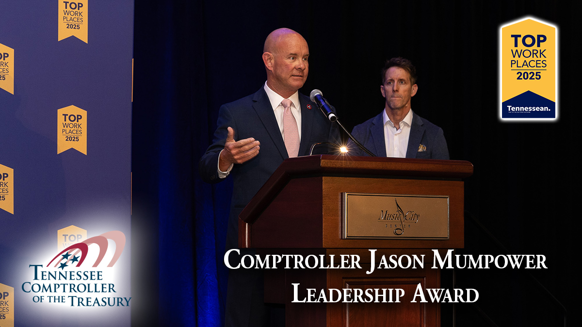 TNCOT's tweet image. We all love working for Comptroller @JasonMumpower, so it is no surprise that he has received the "Leadership" award for large employers in Middle Tennessee from the @Tennessean! #TopWorkplaces