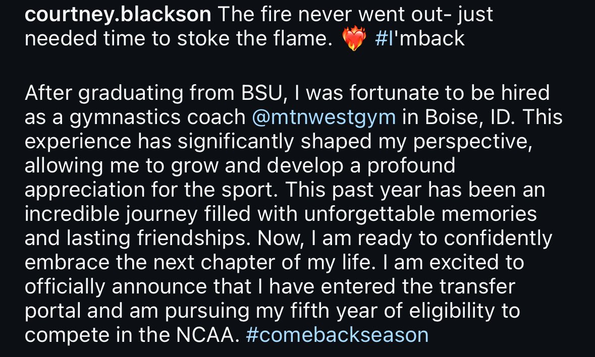 Courtney Blackson is BACK.

The Boise State alumna and two-time national qualifier has officially announced she is in the transfer portal and will pursue a fifth year of eligibility.