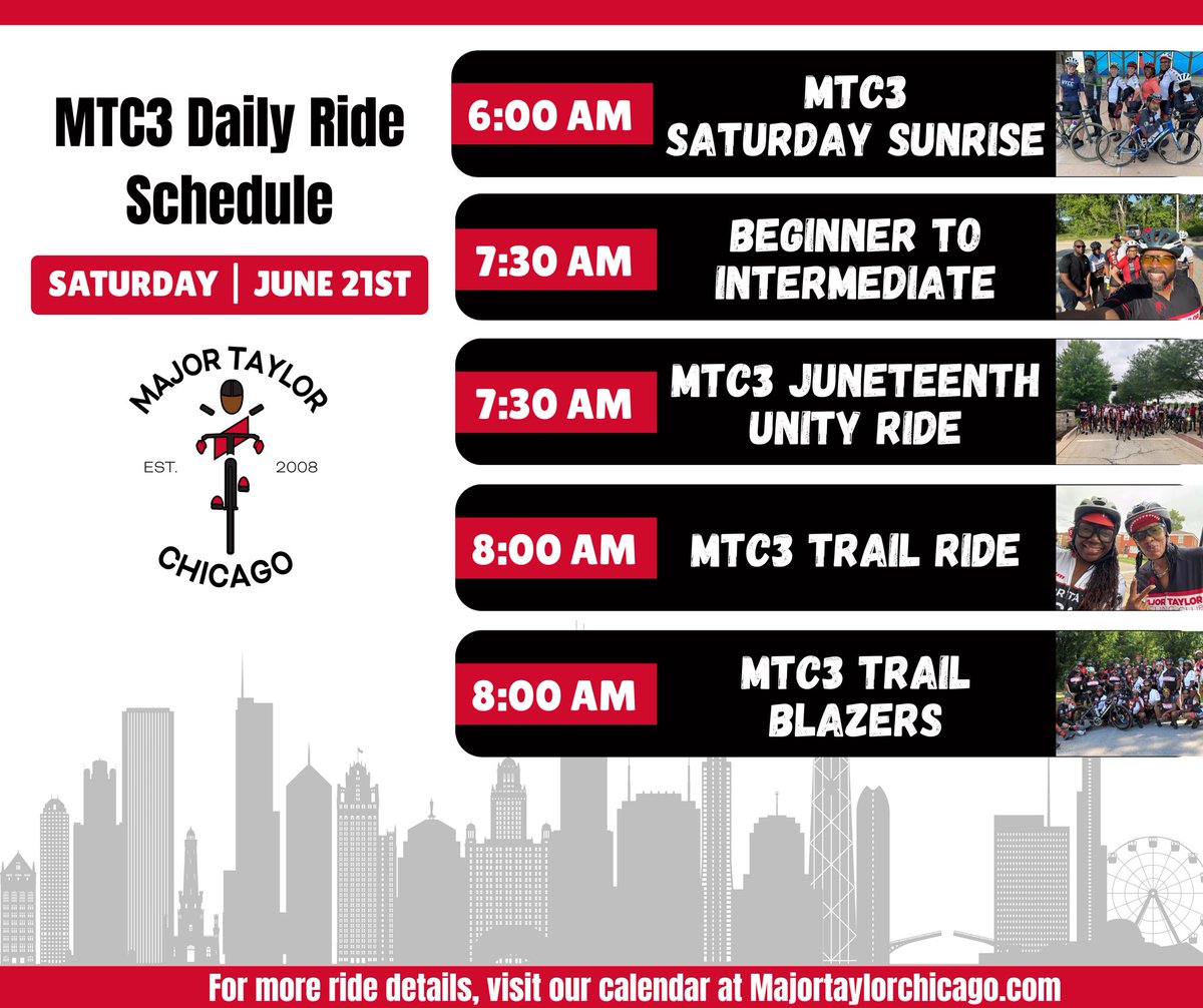 Major Taylor Chicago (@majortaylorchi) on Twitter photo We’re rolling tomorrow! 🚴🏾
MTC3 Saturday Sunday majortaylorchicago.com/event/mtc3-sat…
Beginner To Intermediate majortaylorchicago.com/event/beginner…
MTC3 Juneteenth Unity Ride majortaylorchicago.com/event/mtc3-jun…
MTC3 Trail Ride majortaylorchicago.com/event/2373-2/2…
MTC3 Trail Blazers majortaylorchicago.com/event/mtc3-tra… We’re rolling tomorrow! 🚴🏾
MTC3 Saturday Sunday majortaylorchicago.com/event/mtc3-sat…
Beginner To Intermediate majortaylorchicago.com/event/beginner…
MTC3 Juneteenth Unity Ride majortaylorchicago.com/event/mtc3-jun…
MTC3 Trail Ride majortaylorchicago.com/event/2373-2/2…
MTC3 Trail Blazers majortaylorchicago.com/event/mtc3-tra…