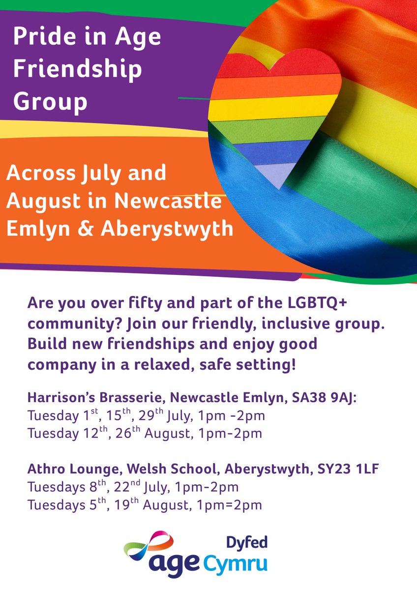 +50 and part of the LGBTQ+ community? Join our friendly group. 🏳️‍🌈
Harrison’s Brasserie, Newcastle Emlyn
✔️Tuesday 1, 15, 29 July, 1-2pm
✔️Tuesday 12, 26 August, 1-2pm
Athro Lounge, Aberystwyth
✔️Tuesdays 8, 22 July, 1-2pm
✔️Tuesdays 5, 19 August, 1-2pm
forms.office.com/e/k28X6az4Z3