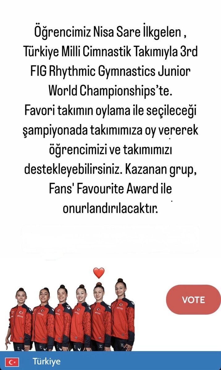 Türkiye Milli Cimnastik Takımıyla 3rd FIG Rhythmic Gymnastics Junior World Championships’te. Favori takımın oylama ile seçileceği şampiyonada takımımıza oy vererek öğrencimizi ve takımımızı destekleyebilirsiniz. Oylamaya katılmak için 👉🏼live.gymnastics.sport/live/award/vot…