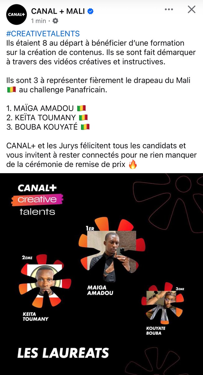 Merci à tous pour votre soutien durant ce challenge. Grâce à vous je vais vous représenter au niveau Panafricain In Shaa Allah 🤲🏾🤍🇲🇱