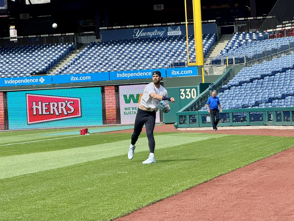 Bryce Harper has not yet been activated by the Phillies, but he is getting work done at the field pre-game.