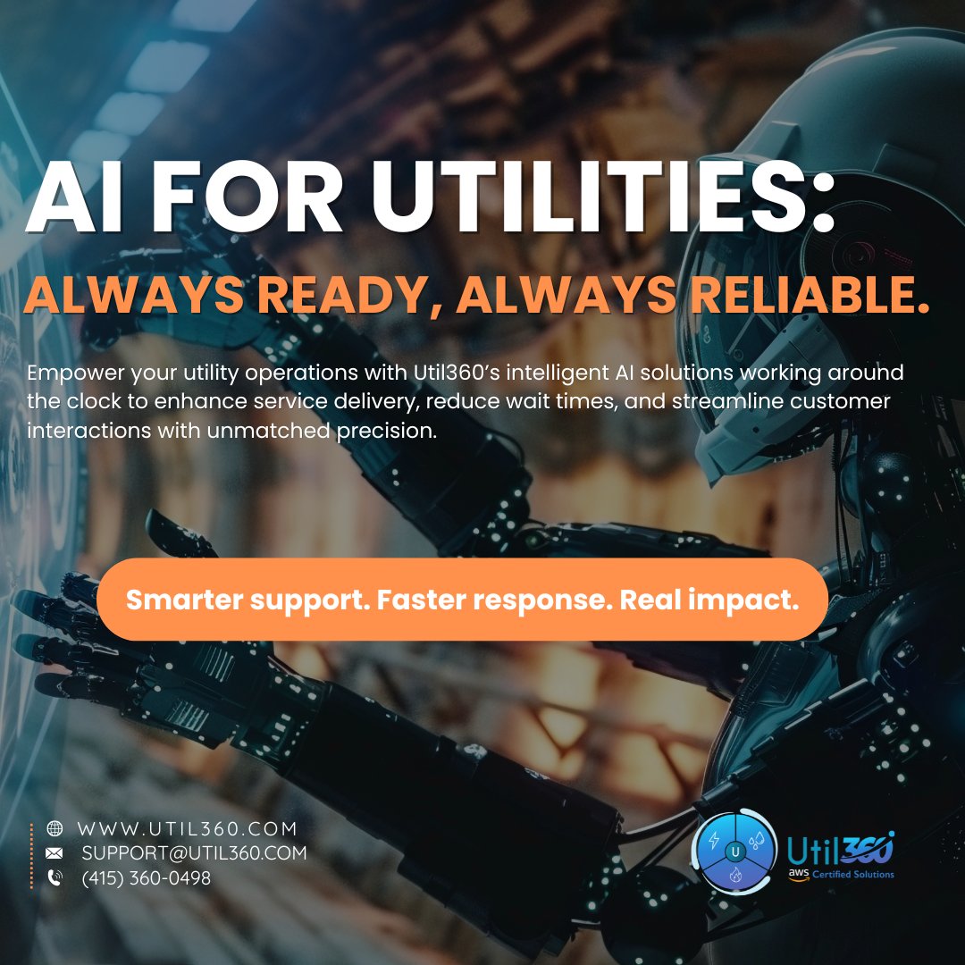 Util3601's tweet image. 🚀 AI for Utilities: Always Ready, Always Reliable.
Util360’s AI delivers:
✅ 24/7 smart automation
✅ Faster response
✅ Data-driven insights
✅ Lower costs
Smarter utilities start here.
🌐 util360.com
#AIForUtilities #SmartUtilities #Util360