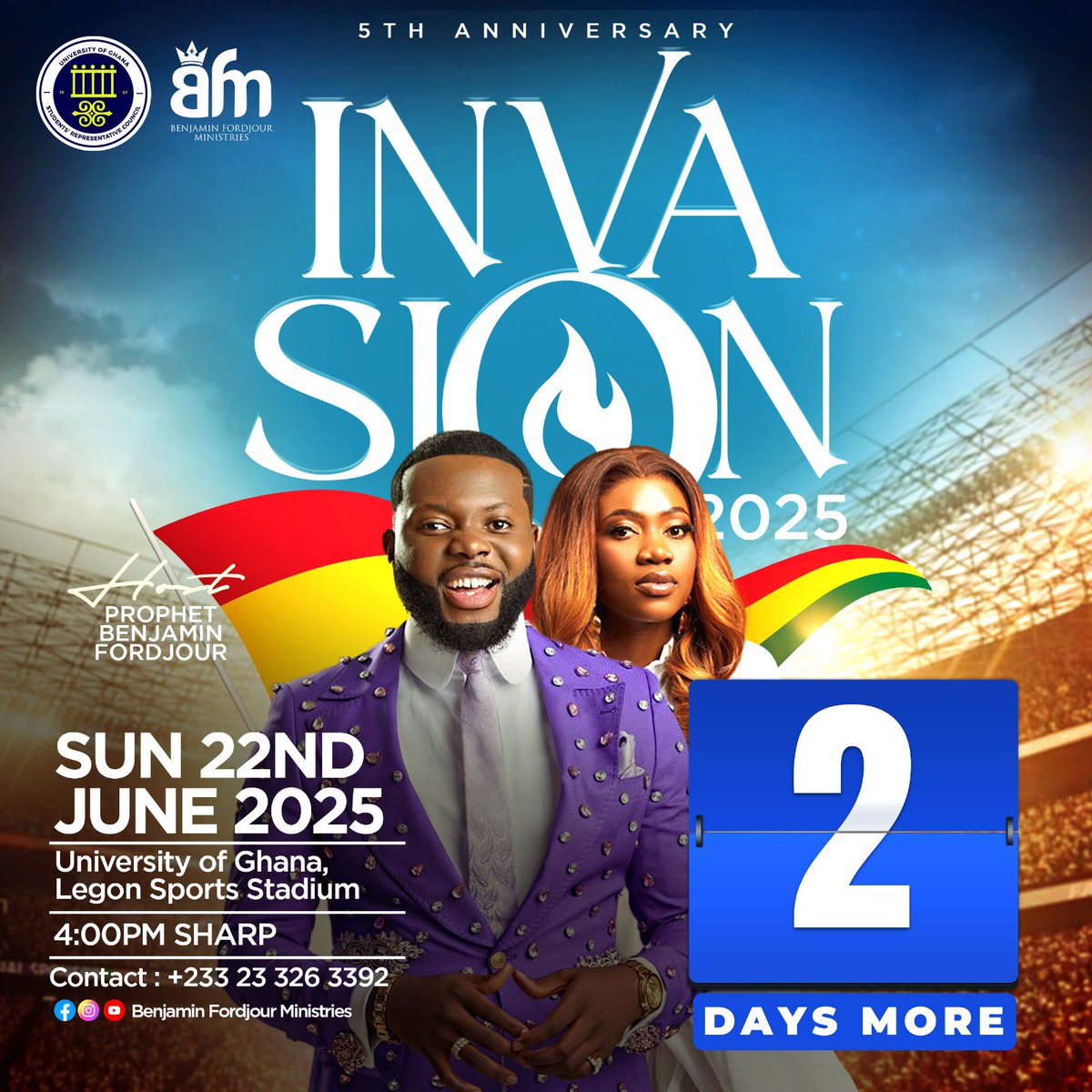 *🔱🔰UGSRC INVASION 2025 IS THIS SUNDAY. 2️⃣ DAYS MORE!!!🔥🔥*

*📆  SUNDAY, 22ND JUNE 2025*

*⏰TIME: 4:00pm*

*🏟️VENUE: UNIVERSITY OF GHANA SPORTS STADIUM*

*_register with the link now to get your seat reserved in the stadium _creion.app/events/invasio…*