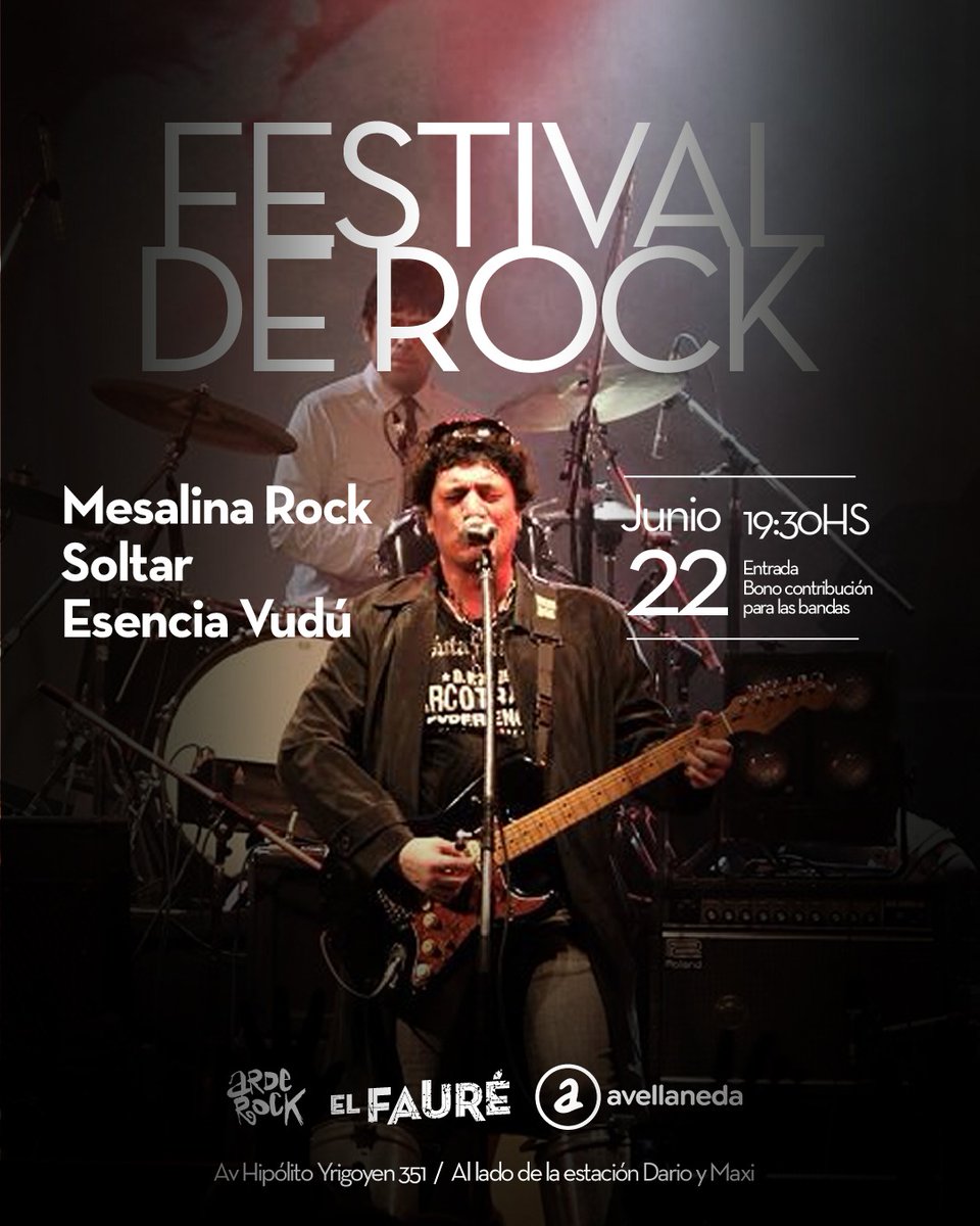 ☆ Noches de música en El Fauré ☆

🎸 Noche de Rock Nacional: Ambar, Gin Tonics y Francheros · Sábado 21 de junio a las 19:30 hs.

🎸 Festival de Rock: Mesalina Rock, Soltar y Esencia Vudú · Domingo 22 de junio a las 19:30 hs.

📍 Av. H. Yrigoyen 351.
🎟️ Bono contribución para