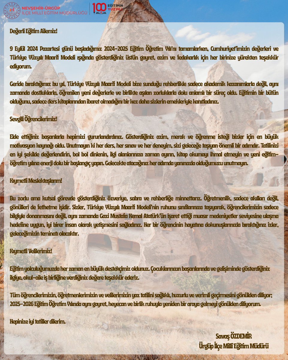 Ürgüp İlçe Millî Eğitim Müdürlüğü (@urgup_mem) on Twitter photo 🇹🇷
💬 İlçe Millî Eğitim Müdürümüz Sayın Savaş ÖZDEMİR’den 2024-2025 Eğitim Öğretim Yılı Sonu Mesajı 🪶 📜
<a href="/savasozdemir76/">Savaş Özdemir</a>
<a href="/urgup_kaymakami/">T.C. ÜRGÜP KAYMAKAMLIĞI</a>
<a href="/nevsehirmem/">Nevşehir İl Millî Eğitim Müdürlüğü</a>
<a href="/tcmeb/">Millî Eğitim Bakanlığı</a> 🇹🇷
💬 İlçe Millî Eğitim Müdürümüz Sayın Savaş ÖZDEMİR’den 2024-2025 Eğitim Öğretim Yılı Sonu Mesajı 🪶 📜
<a href="/savasozdemir76/">Savaş Özdemir</a>
<a href="/urgup_kaymakami/">T.C. ÜRGÜP KAYMAKAMLIĞI</a>
<a href="/nevsehirmem/">Nevşehir İl Millî Eğitim Müdürlüğü</a>
<a href="/tcmeb/">Millî Eğitim Bakanlığı</a>