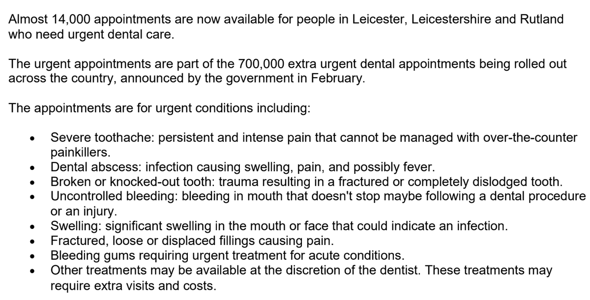 Can't get an NHS dentist?  Toothache, broken teeth or abscesses? 

People can now get an urgent dental appointment by visiting 111.nhs.uk/guided-entry/d… or phoning 111. 

More information is available on …erleicestershireandrutland.icb.nhs.uk/your-health/ur…