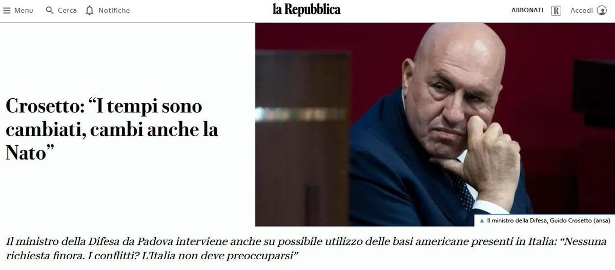 🚫 "Существование НАТО в его нынешнем виде больше не имеет смысла"

Министр обороны Италии Гвидо Крозетто сообщил об отсутствии смысла в существовании НАТО и выступил со скептическим заявлением в отношении альянса:
"Раньше США и Европа были центром мира — теперь есть⬇️