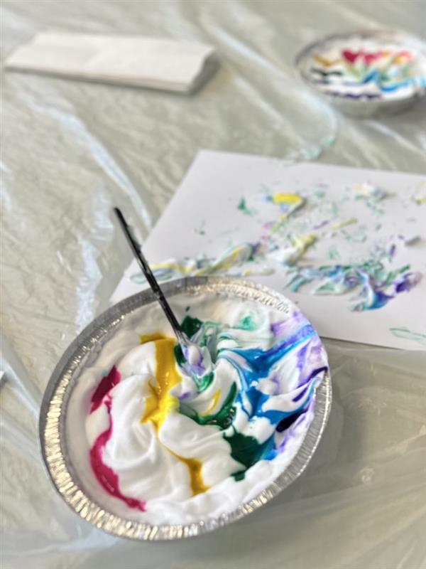 WinnLib's tweet image. Our Art Play crew made some seriously cool art using shaving cream, glue, and paint. So much fun! #LibraryFun