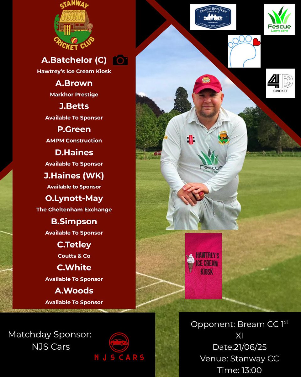 🚨 TEAM NEWS 🚨

After edging a last-over thriller, we’re back at home tomorrow vs <a href="/BreamCc/">Bream CC</a> 

Sun’s out, bar’s open; come down and enjoy a cracking afternoon of cricket ☀️🍻🏏

Big thanks to NJS Cars for sponsoring the game 🙌

#UpTheWay <a href="/swsportsnews/">South West Sports News</a>