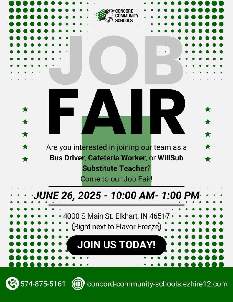 If you are interested in a career as a bus driver, cafeteria worker, or WillSub substitute teacher, the Concord Transportation Department will be hosting a Job Fair on June 26th from 10 a.m - 1 p.m!  More information below.
#WeAreConcord #ConcordPride
