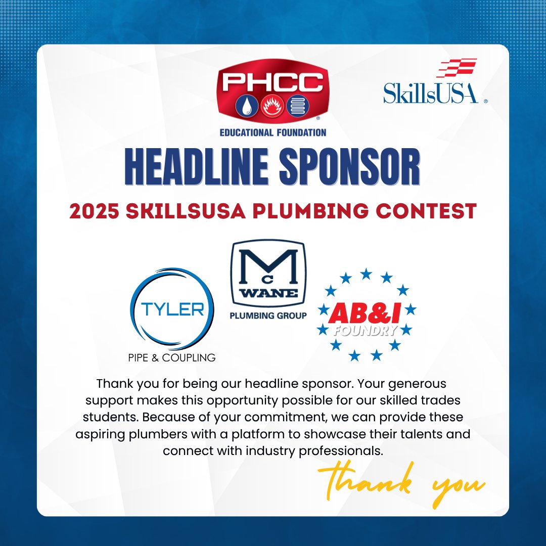 HUGE THANKS to our incredible headline sponsors like McWane for making the 2025 SkillsUSA National Plumbing Championship possible!
Thank you for believing in our mission and investing in tomorrow's workforce. 💪

#SkillsUSA #PlumbingChampionship #McWane