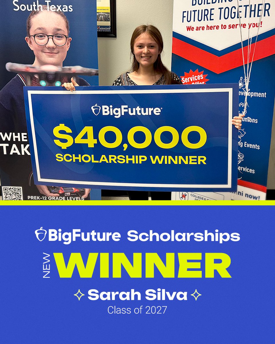 MyBigFuture's tweet image. Congratulations to Sarah, our latest $40,000 scholarship winner! 💰🎊

Students in the #Classof2026 &amp;amp; #Classof2027 can earn $500 or even $40,000 #scholarships by completing college and career planning steps on BigFuture.

🔗 Help them get started: spr.ly/60164XZaI