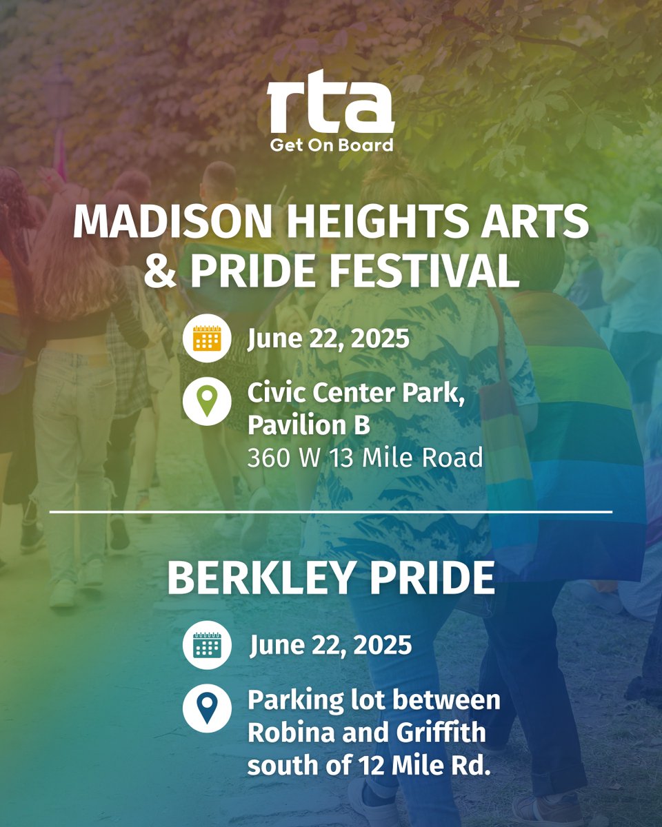 Celebrating Pride in the region this weekend? Ride with Pride to events like the Madison Heights Arts &amp; Pride Festival and Berkley Pride—both easily accessible with SMART services.
 
👉 Madison Heights Pride: ow.ly/7ZCa50WcUNx
👉 Berkley Pride: ow.ly/jF0U50WcUNA