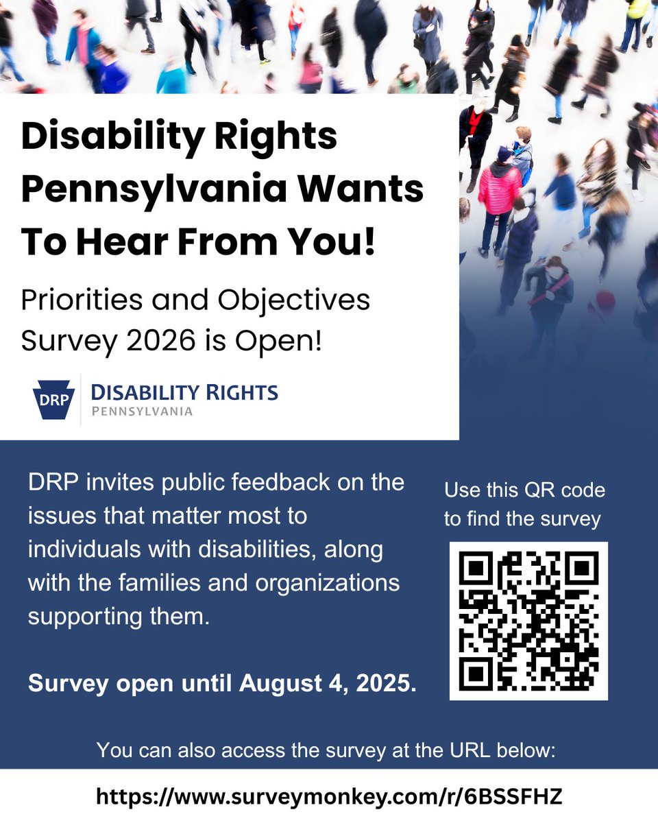 DRP invites you to fill out our survey to provide feedback on issues that matter most to individuals with disabilities, along with the families and organizations supporting them. 

We look forward to hearing from you and appreciate your input!