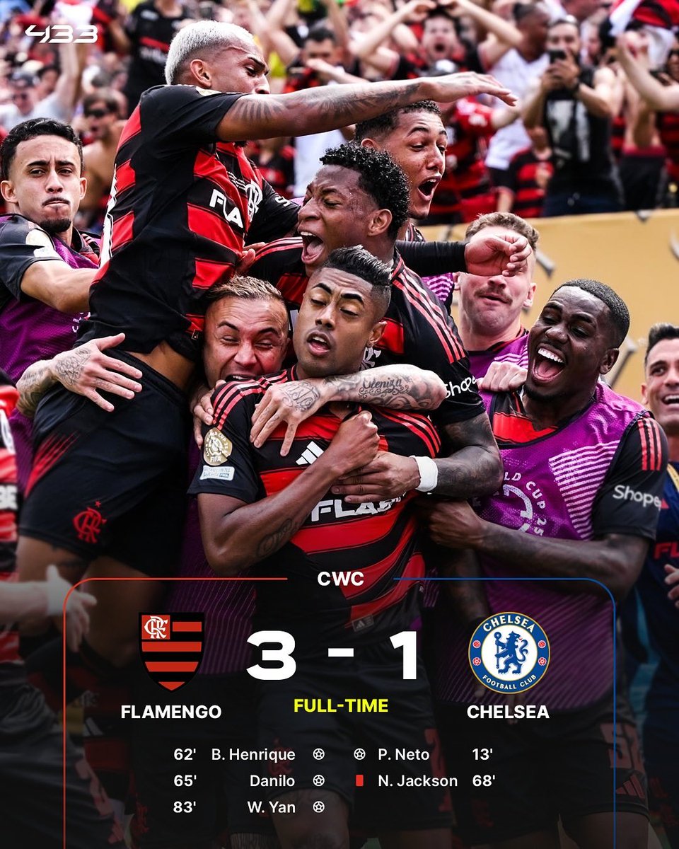 🤯🇧🇷 FLAMENGO LE GANÓ 3-1 A CHELSEA Y ES LÍDER DEL GRUPO EN EL MUNDIAL DE CLUBES.

Ayer Botafogo, hoy Flamengo.

Sudamérica, más presente que nunca. 🚬