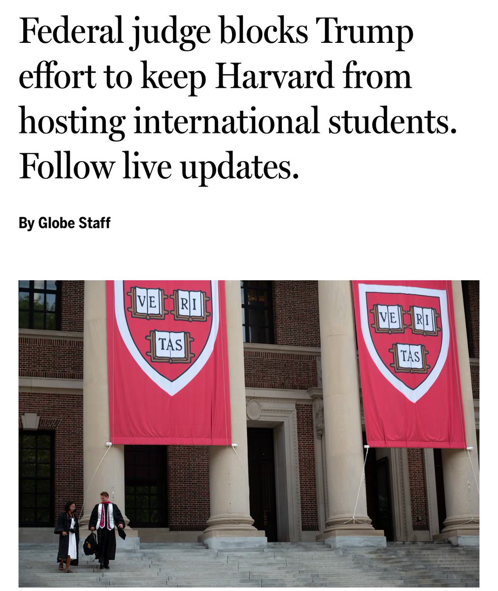 A federal judge blocked Trump’s attempt to stop Harvard from hosting international students, preserving visas for 7,000+ students while the case proceeds. Harvard sued after DHS pulled its certification.